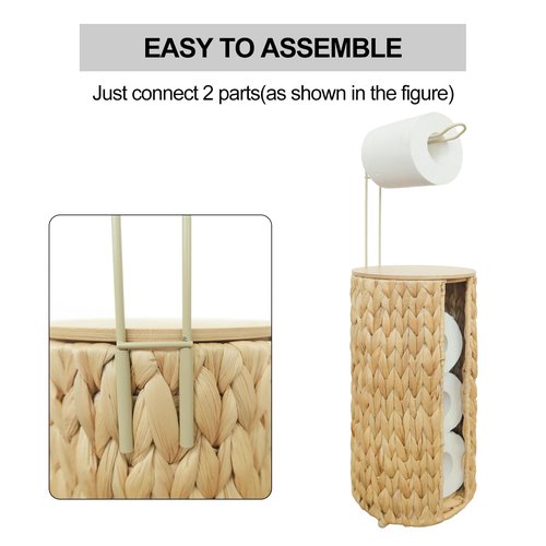 Coeusy Free Standing Toilet Paper Holder with Storage,Wicker Woven Hyacinth Toilet Paper Storage, Rattan Bathroom Decor 4 Rolls of Tissue Holder with Wooden Lid