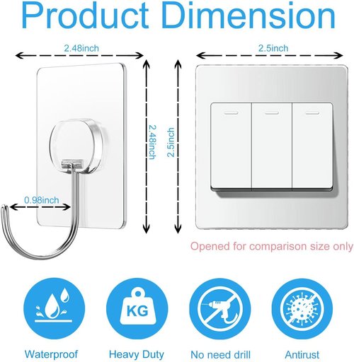 JINSHUNFA Heavy Duty Adhesive Wall Hooks - 13LB Capacity, Waterproof, No Drill | 8 Pack for Bathroom & Kitchen