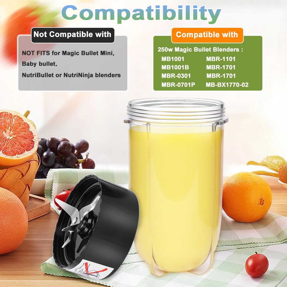 Replacement Cross Blade + 16oz Cup Set for Magic Bullet, Replacement Parts compatible with 250 W Magic Bullet MB1001 Blender
