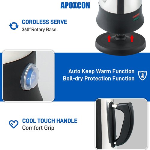 APOXCON Electric Coffee Percolator Stainless Steel Coffee Maker with Heat Resistant Tough Glass Clear Brew Progress Knob, Classic Coffee Pot with Keep Warm Cordless Serve Cool Touch Handle 12 Cup