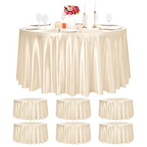 Pesonlook 6 Pack Champagne Round Tablecloth, 108 Inch Satin Fabric Tablecloth for Round Table, Wrinkle Resistant Washable TableCover Bright Silk TableClothes for Wedding Party Dining Table Banquet