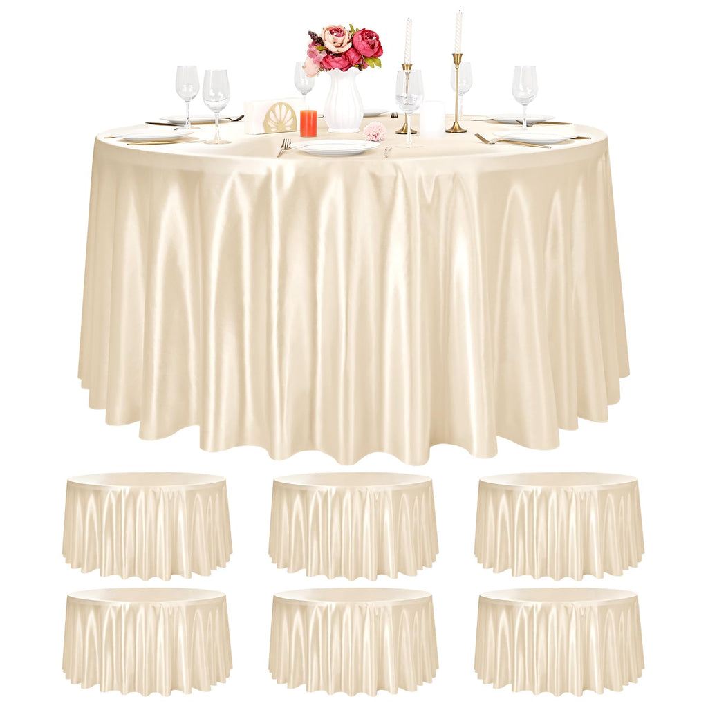 Pesonlook 6 Pack Champagne Round Tablecloth, 120 Inch Satin Fabric Tablecloth for Round Table, Wrinkle Resistant Washable TableCover Bright Silk TableClothes for Wedding Party Dining Table Banquet