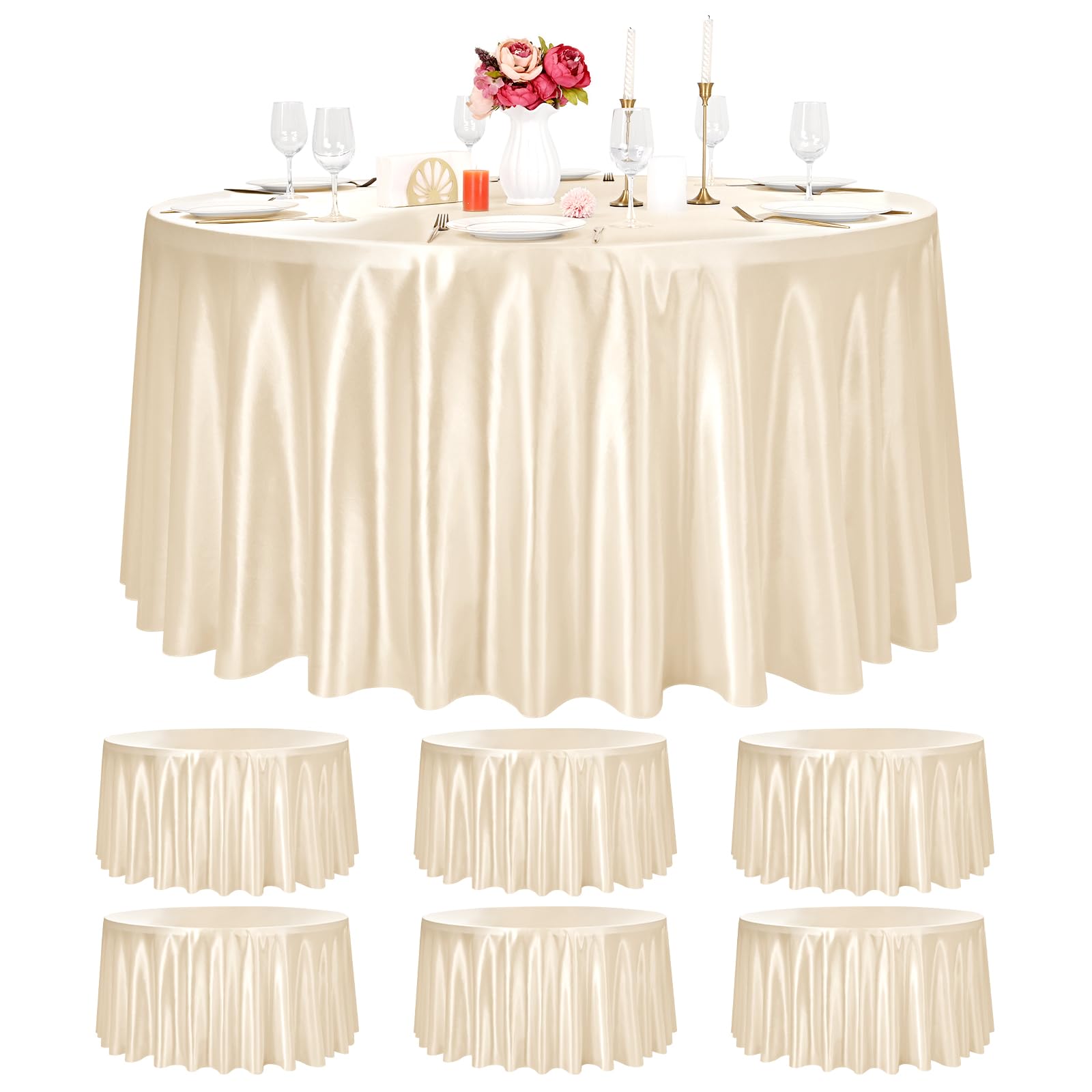Pesonlook 6 Pack Champagne Round Tablecloth, 120 Inch Satin Fabric Tablecloth for Round Table, Wrinkle Resistant Washable TableCover Bright Silk TableClothes for Wedding Party Dining Table Banquet