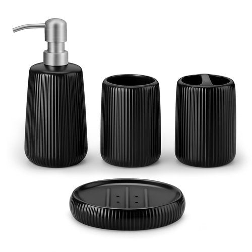 vancasso Ceramic Bathroom Accessories Set 4 Piece, Soap Dispenser with Stainless Steel Pump, Toothbrush Holder, Tumbler and Soap Dish, Modern Relief Design, Bathroom Decor Organizer, Black
