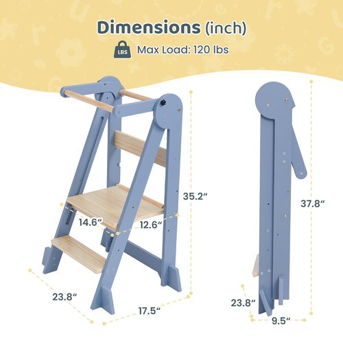 WeeGuruu Toddler Step Stool, Wooden Fold-able Standing Tower Kitchen Stool for Countertop, Bathroom, Montessori Kids Stool with Height Adjustable Platform for Ages 18 Mons to 6 Years Learning Skills