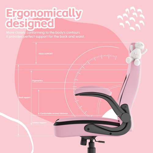 Submi Pink Gaming Chair, Ergonomic Desk Office Chair with Lumbar Support, Computer Chair with Flip-up Armrests, Comfy Task Chair for Girls Women, Cute PC Video Game Chairs, PU Leather, Teens, Pink