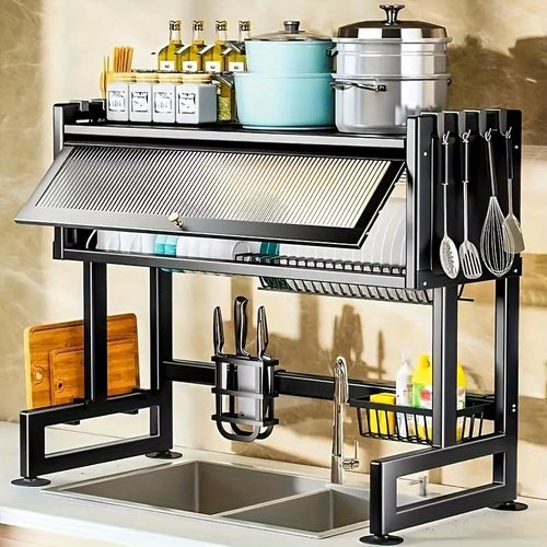 ZrgGea Over The Sink Dish Drying Rack, Over Sink Dish Drain Drying Rack for Kitchen Storage of Dishes and Cutlery, Space Saving Dish Rack with Cover, (Black, 33.5 inch)