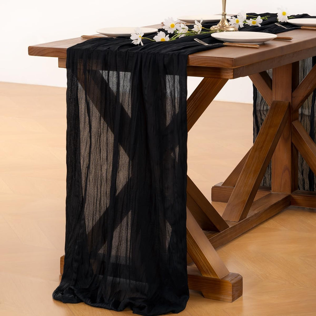 Socomi Cheesecloth Table Runner - 3pcs Black Boho Rustic Design | 120 Inch for Weddings & Events