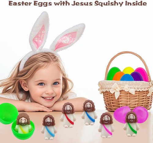 Jofan 24 Pack Plastic Prefilled Easter Eggs - Mini Jesus Mochi Squishy Toys for Kids & Toddlers