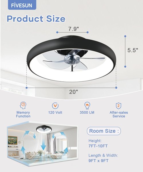 Fivesun Ceiling Fans with Lights and Remote, 20" Modern Low Profile Ceiling Fan with Light, 2700K-7000K Stepless Dimming Fandelier Flush Mount Led Fan Light and 6 Wind Speeds for Bedroom(Black)