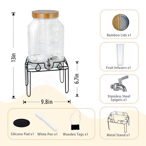 2 Gallon Glass Drink Dispenser with Stand and Bamboo Lid, Lemonade Dispenser with Stainless Steel Spigot, Glass Beverage Dispenser for Parties, Weddings, Kombucha, BBQ