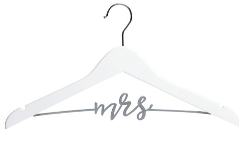 Pearhead Mrs. Wedding Dress Hanger, Wooden Bridal Gown Hanger with Cursive Wire Lettering, Wedding Photo Prop and Bridal Keepsake, White and Silver