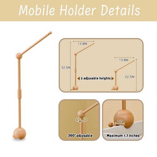 Crib Mobile Arm with Music Box,32.5 Inch Crib Mobile Stand,Wooden Mobile Arm for Crib (2 Modes,360°Adjustable,100% Beech Wood) Baby Crib Mobile for Boy and Girl