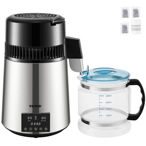 VEVOR Water Distiller, 304 Stainless Steel Countertop Water Stiller, 0.3Gal/H, 0-99H Timing Dual Temp Display, 1.1Gal Distilled Water Maker Machine, Glass Carafe, 3 Carbon Bags, Citric Acid Powder