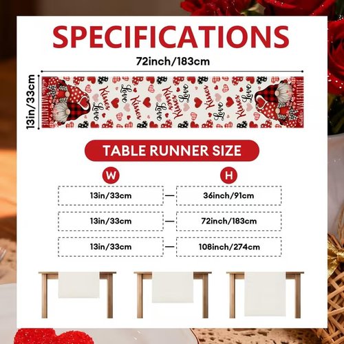 Valentine Red Buffalo Plaid Gnomes Heart Table Runner 13x72 Inch, Linen Love Kitchen Dining Table Decoration for Home Party Holiday Wedding Anniversary