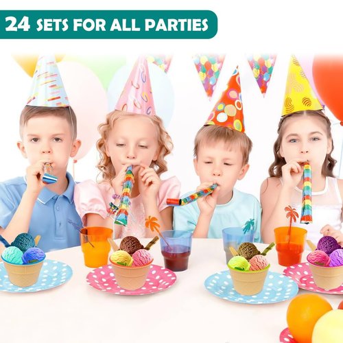 Tellshun 24 Pack Ice Cream Bowls and Spoons Set, Frozen Yogurt Cups with Spoons Durable Plastic Candy Color Cute Dessert Bowls DIY Ice Cream Tools For Festive Party Favor Gift (24)