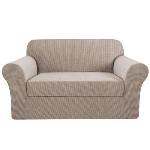 H.VERSAILTEX 2 Pieces Loveseat Covers Fit Lovesat Width Up to 70 Inch Furniture Cover/Protector, Jacquard Spandex Stretch Loveseat Slipcovers Suit for T Cushion/Box Cushion (Loveseat, Sand)