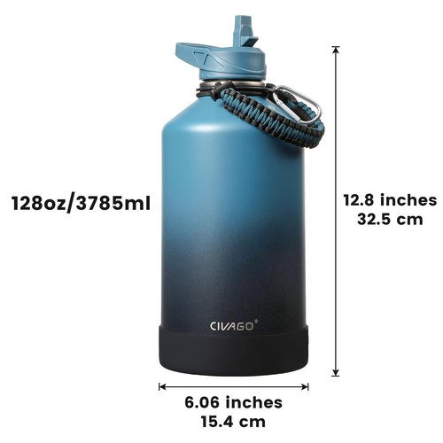 CIVAGO Gallon Insulated Water Bottle Jug with Straw, 128 oz Large Stainless Steel Water Flask, Big Metal Thermal Mug with 3 Lids for Sports, Travel, Gym, and Camping, Army Green
