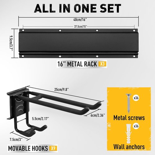 ELEAD Heavy Duty Garage Tool Organizer - 9 Pairs Wall Mount Hooks | 48 Inches, 730 lbs Capacity for Garden & Yard Tools