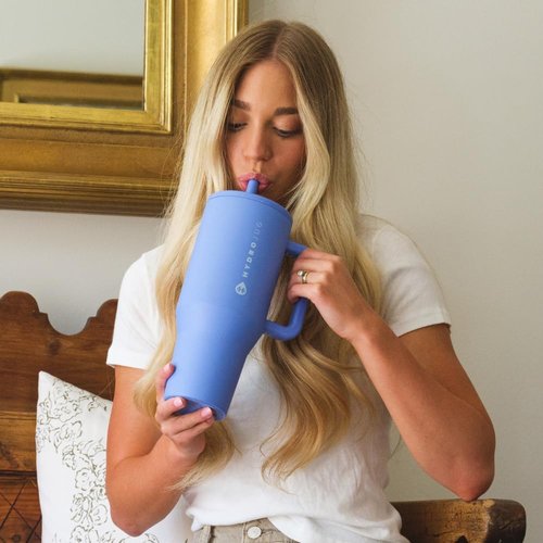 HydroJug Traveler - 32 oz Insulated Water Bottle with Handle & Flip Straw | Leak-Resistant, Fits Cup Holder - Light Blue