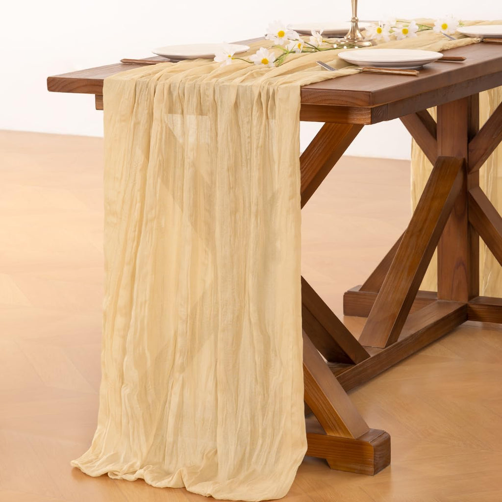 Socomi Gold Champagne Cheesecloth Table Runner - 120 Inch Rustic Gauze for Weddings & Events