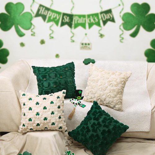 Heirloom Haven St Patrick’s Day Pillow Covers Set of 2, Beige Shamrock Green Embroidery Irish Soft Plush Faux Fur Jacquard Embroider Decorative Holiday Farmhouse Cushion Case for Sofa 18 x 18 Inch