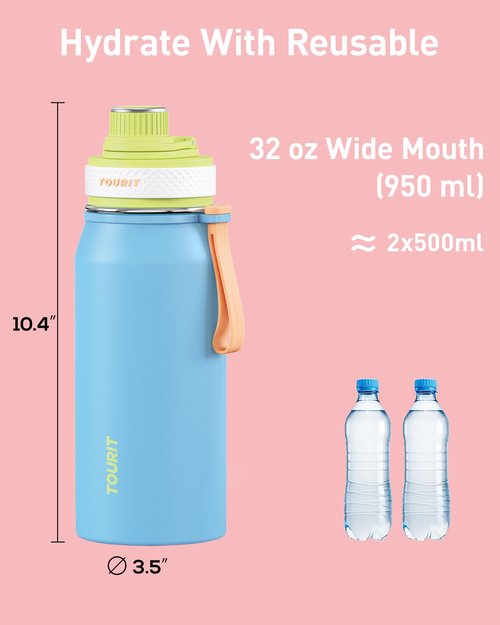 TOURIT 32oz Stainless Steel Wide Mouth Water Bottle, Double-Wall Vacuum Insulation with Spout Lid for Sports and Travel, Sapphire