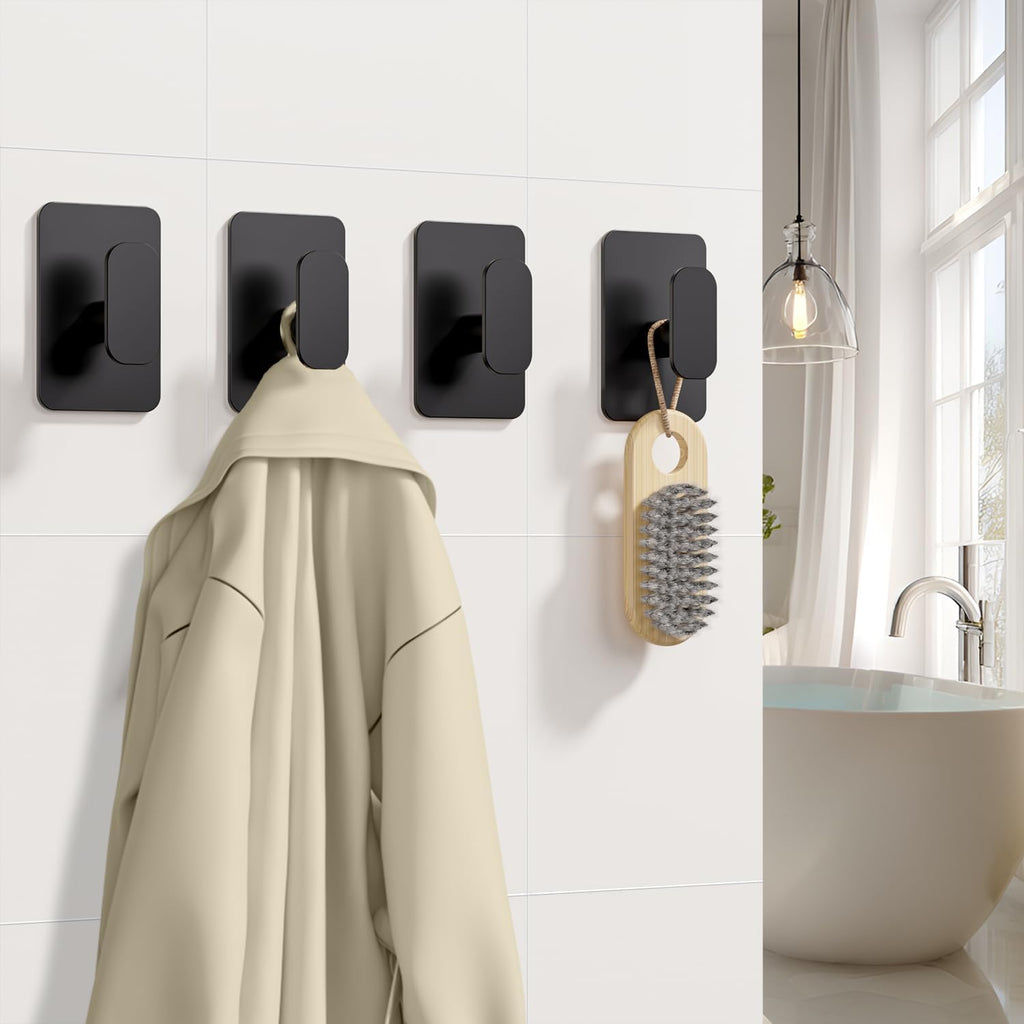 Skiennix Heavy Duty Self-Adhesive Hooks - 26lb Capacity, Waterproof & Rustproof Stainless Steel | Black, 4 Pack for Towel, Coat, Robe