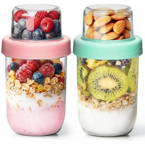 ComSaf Overnight Oats Containers with Lids (16oz+4oz, 2Pcs), Dual-Laryer Chia Pudding Jars with Dry and Wet Separation, Yogurt Parfait Cups for Oatmeal Cereal Nut Fruit, Meal Prep Glass Jars for Salad