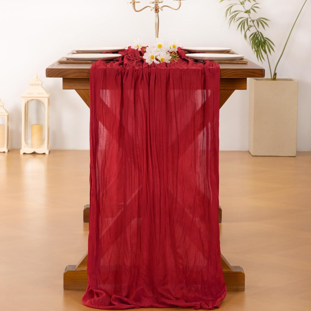 Socomi 6-Piece Red Cheesecloth Table Runner - Boho Rustic 120-Inch Decor for Weddings & Parties