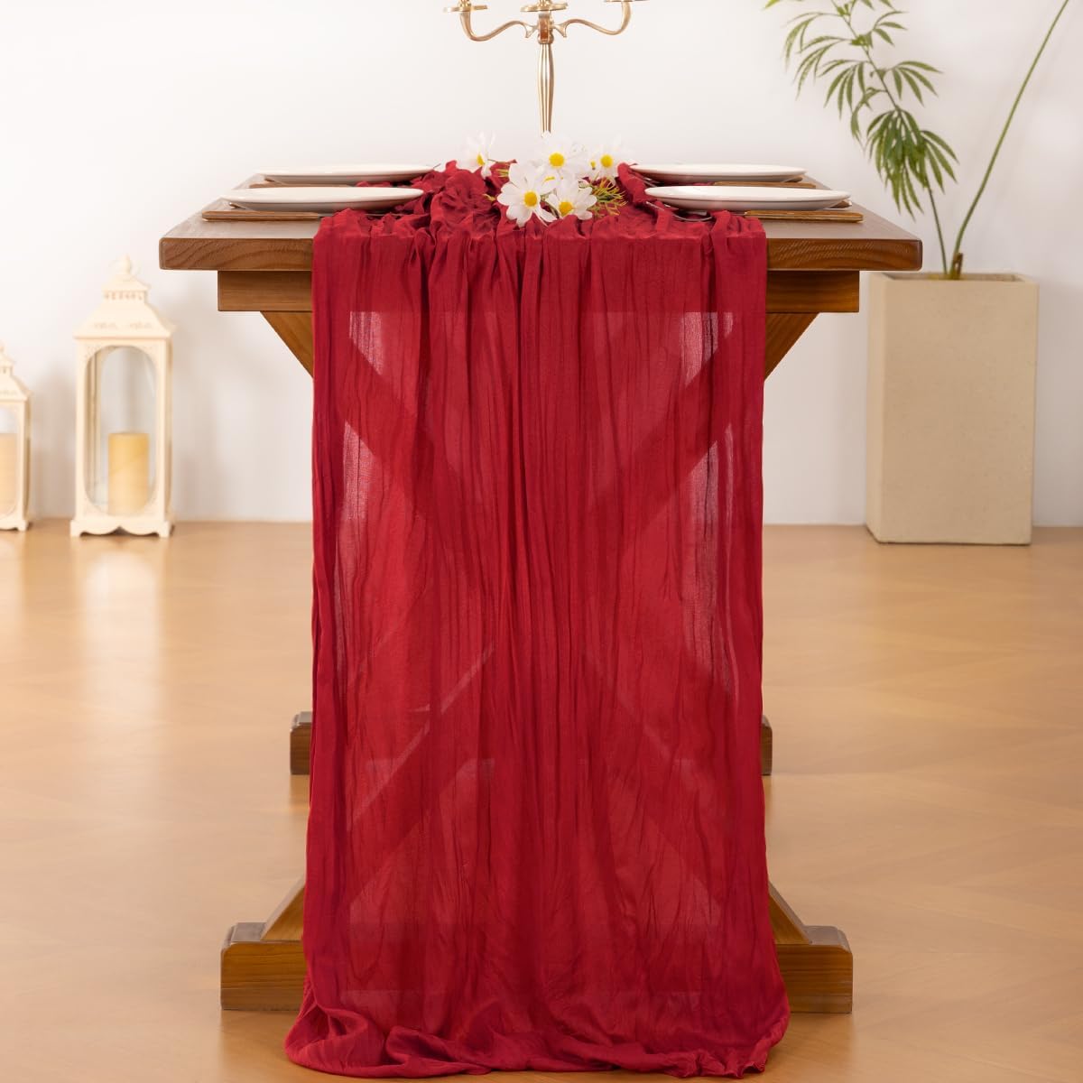 Socomi 6-Piece Red Cheesecloth Table Runner - Boho Rustic 120-Inch Decor for Weddings & Parties