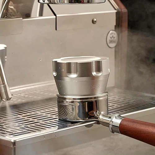 IKAPE 53mm Espresso Accessory Kit 6 in 1 Silver. Includes a Tamper, Distributor, Dosing Funnel, Puck Screen, Silicone Mat Station, and Cleaning Cloth