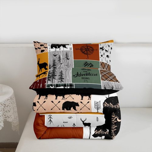 Cabin Retro Rustic Lodge Comforter Set, Bear Deer Country Bedding Twin, Hunting Wild Animal Quilt Plaid Check Adventure Themed Bedding Comforter Sets For Kids Boys Teens Adult Men Bedroom Decor