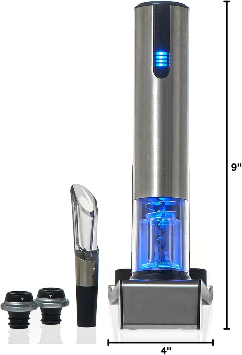 Wine Enthusiast 2-in-1 Electric Blue Automatic Wine Bottle Opener and Preserver Set – Fully Electric Corkscrew with Charging Station – Seal Bottle with Vacuum Stopper (7 Piece Set)