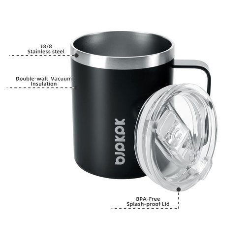 BJPKPK Insulated Coffee Mug Set - 14oz Stainless Steel Tumblers with Splash Proof Lid | Black