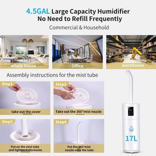 Humidifiers | Large 17L/4.5Gal Humidifier for Home & Office - 360° Nozzle & 4 Speed Mist