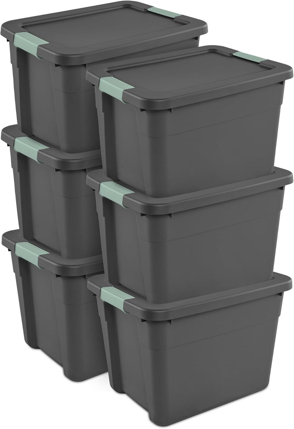 Sterilite 6-Pack Latch Tote | Stackable 12 Gallon Plastic Storage Bins with Lids - Gray/Green Organization Solution