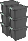 Sterilite 6-Pack Latch Tote | Stackable 12 Gallon Plastic Storage Bins with Lids - Gray/Green Organization Solution