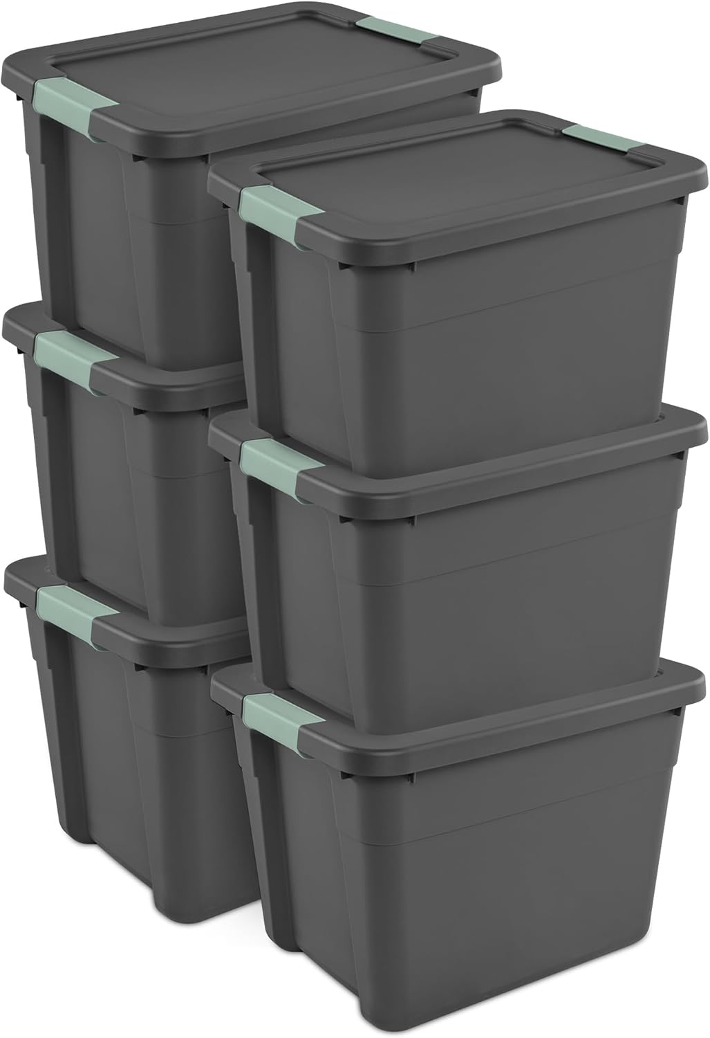 Sterilite 6-Pack Latch Tote | Stackable 12 Gallon Plastic Storage Bins with Lids - Gray/Green Organization Solution