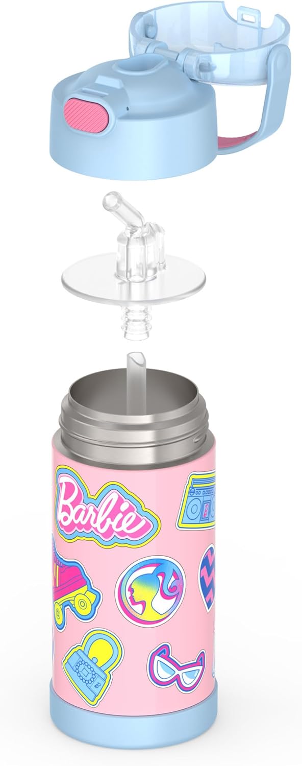THERMOS FUNTAINER Water Bottle - 12 Ounce Kids Stainless Steel Vacuum Insulated with Straw - Barbie Design
