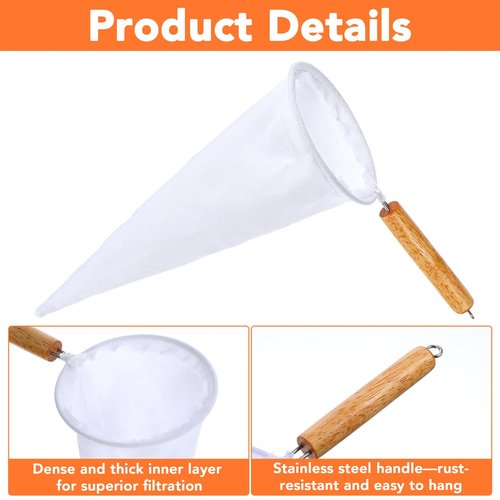 2Pcs Coffee Strainer Cloth, Reusable Flannel Cloth Filter Coffee Pour Over Filters with Wood Handle Handmade Tea Sock Strainer (White)