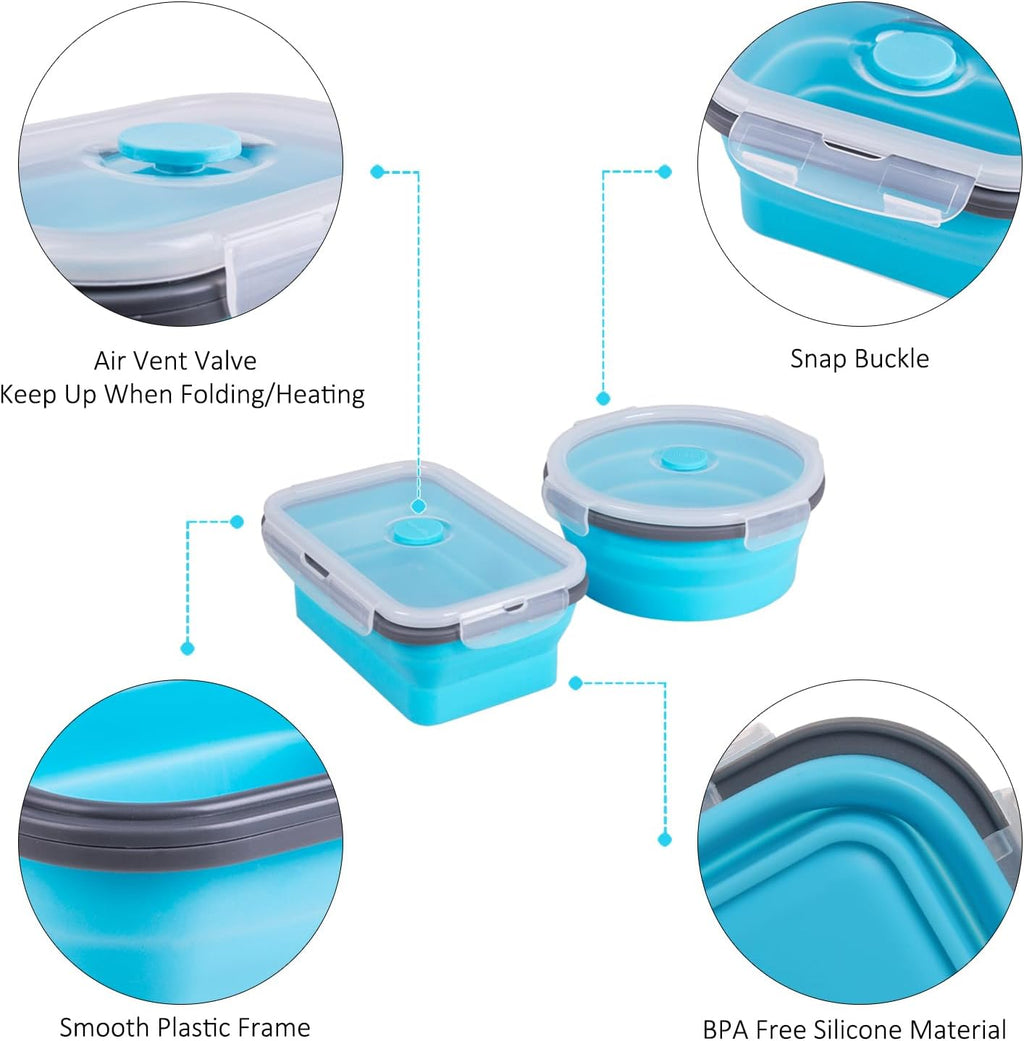 Skiennix Collapsible Food Storage Containers - 8 Pack Silicone Set for Camping & RV | Microwave & Dishwasher Safe, Blue