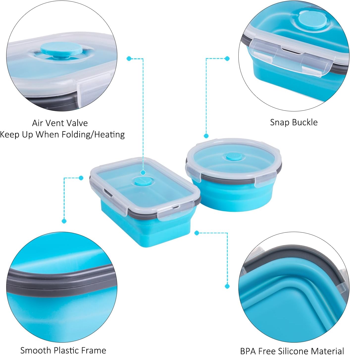 Skiennix Collapsible Food Storage Containers - 8 Pack Silicone Set for Camping & RV | Microwave & Dishwasher Safe, Blue