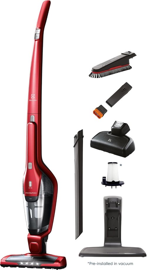 Electrolux Ergorapido Pet Cordless Vacuum Cleaner - 2-in-1 Design with Motorized Nozzle | 48-Minute Run Time, Chili Red