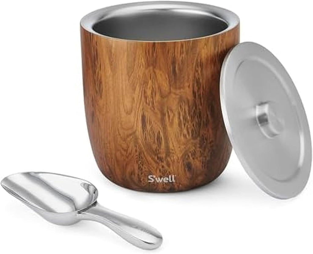 S'well Stainless Steel Ice Bucket XL, 100oz, Teakwood, Includes Lid And Scoop, Triple Layered Vacuum Insulated Container Keeps Ice Colder for Longer, BPA Free Barware
