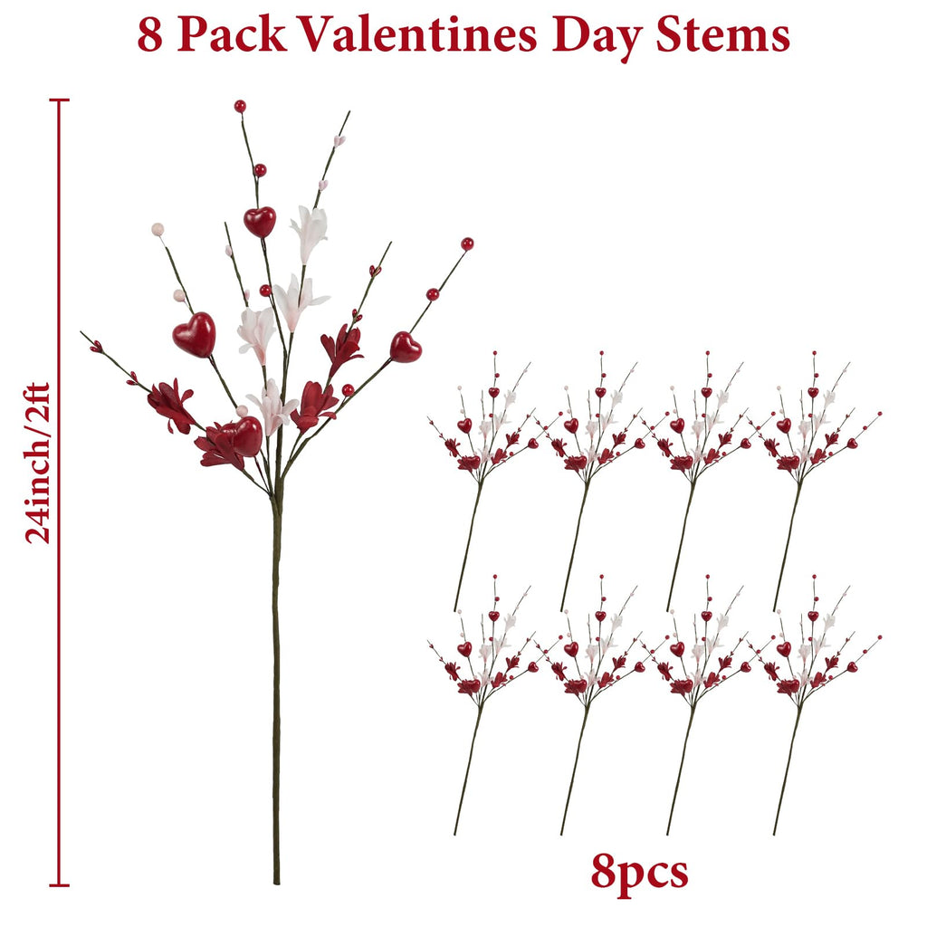 Valentines Day Decorations, 8PCS Valentine Floral Picks, Red Pink Heart Shaped Flower Stems, Artificial Berry Dry Flower Fillers for Vase, Table Centerpiece, Wedding Arrangement, Galentines, 24INCH