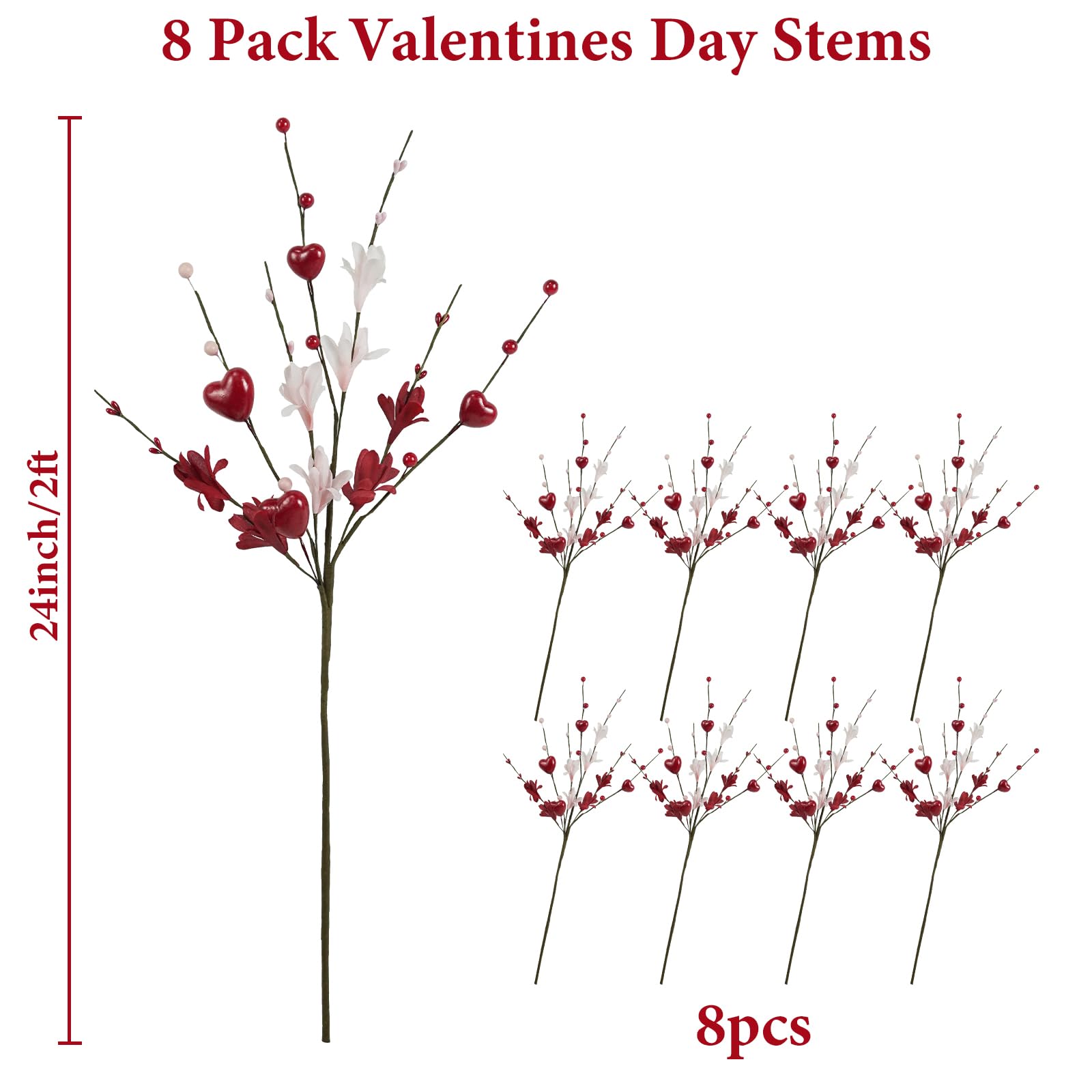 Valentines Day Decorations, 8PCS Valentine Floral Picks, Red Pink Heart Shaped Flower Stems, Artificial Berry Dry Flower Fillers for Vase, Table Centerpiece, Wedding Arrangement, Galentines, 24INCH