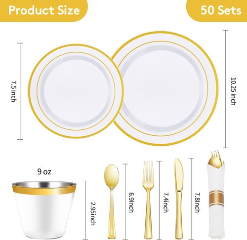 Goodluck 350-Piece Gold Plastic Dinnerware Set - Elegant Disposable Plates for 50 Guests | Includes Plates, Napkins & Silverware