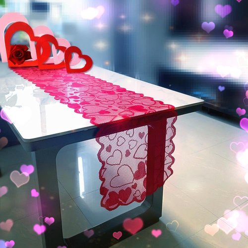 SaktopDeco Red Lace Table Runner Heart Runner 72 Inches Fireplace Mantle Scarf Cover Dinning Table Decoration
