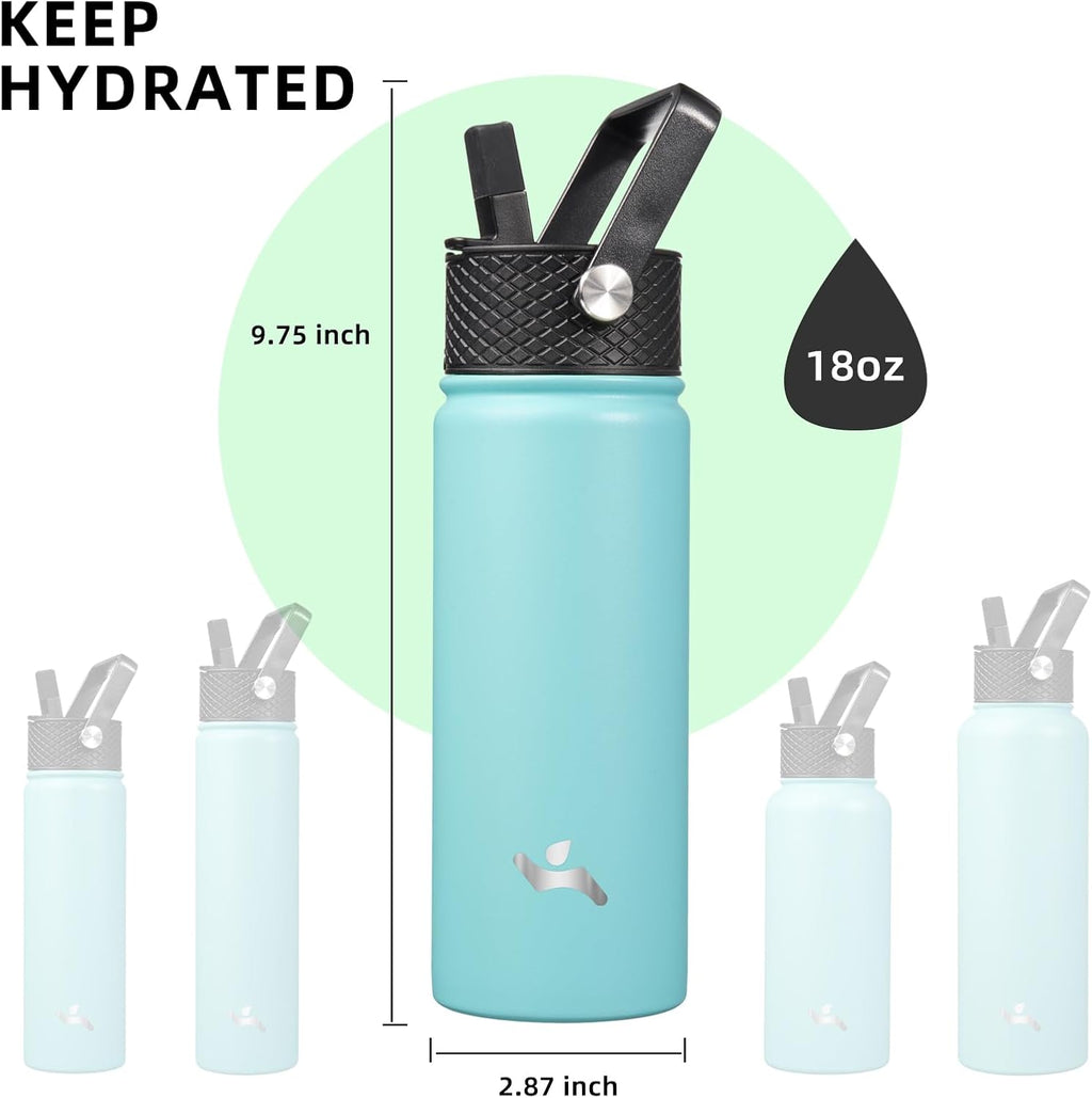 Skiennix Insulated Water Bottle - 18oz Stainless Steel Flask with Straw - Turquoise Color